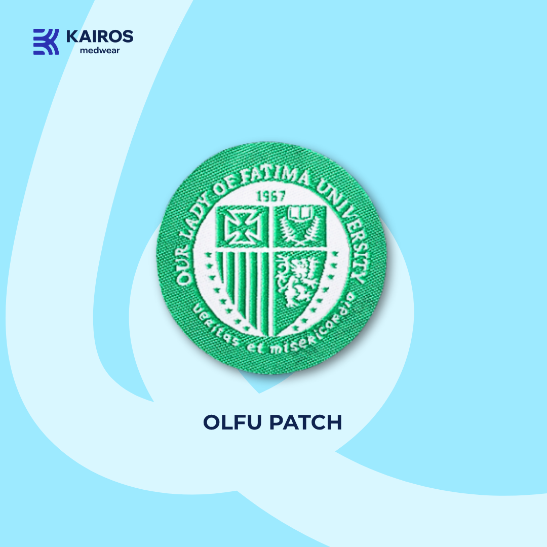 Our Lady of Fatima University (OLFU) Uniform-Logo-Aufnäher | Kairos gewebter Schulaufnäher