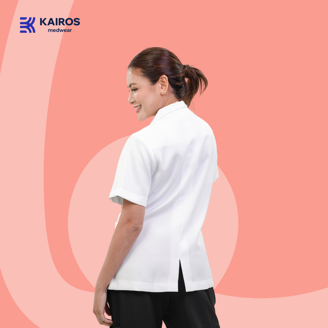 Gabardine Female White Coat | Short Sleeves | Kairos Medwear